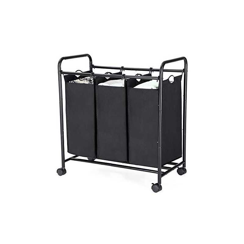 Sortitor de rufe cu rulare, coș de rufe cu 3 pungi scoase, cărucior de rufe, organizator de jucării pe roți, robust, 3 x 44L, negru LSF003B