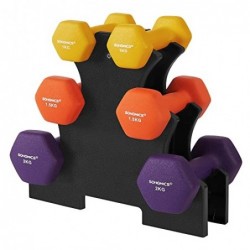 Set gantere hexagonale cu suport, 2 x 1 kg, 2 x 1,5 kg, 2 x 2 kg, Greutăți pentru mâini cu finisaj mat din neopren, pentru exerciții la domiciliu, galben, portocaliu și violet SYL69BK