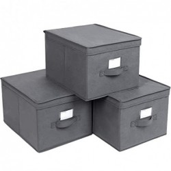 Set de 3 cutii de depozitare pliable cu capace, cuburi de țesut cu suporturi de etichete, organisator de cutii de depozitare, 40 x 30 x 25 cm, gri RFB03G