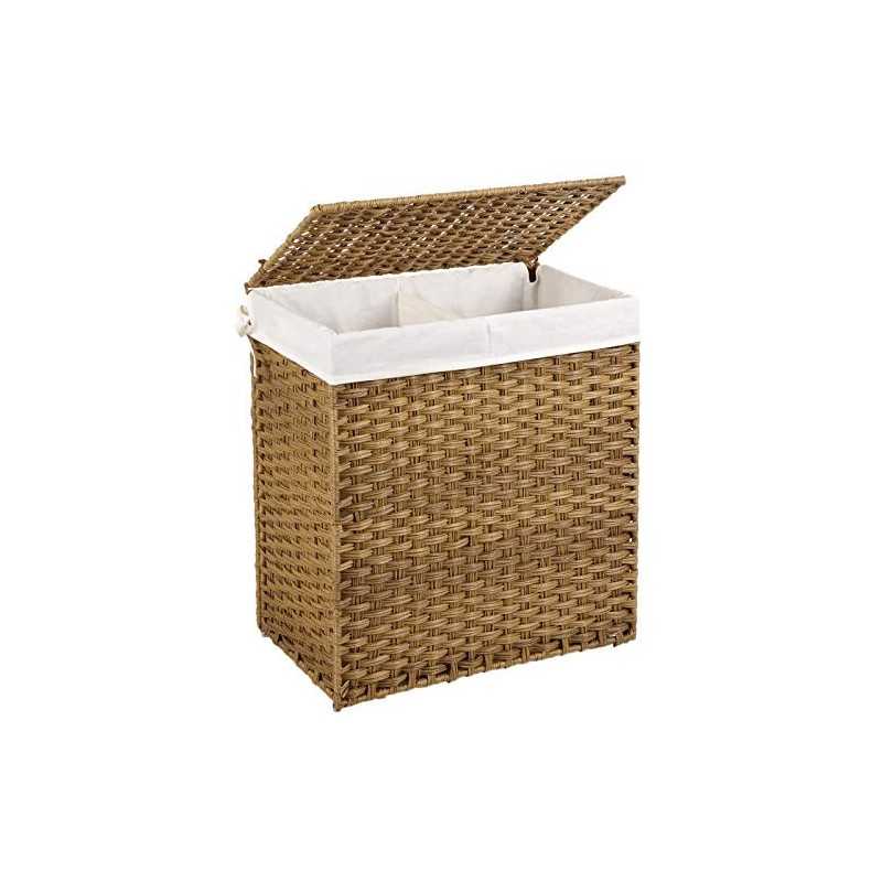 Coș de rufe țesut manual, coș de haine împărțit din rattan sintetic de 110 l cu capac și mânere, geantă pliabilă, detașabilă, natural LCB52NL