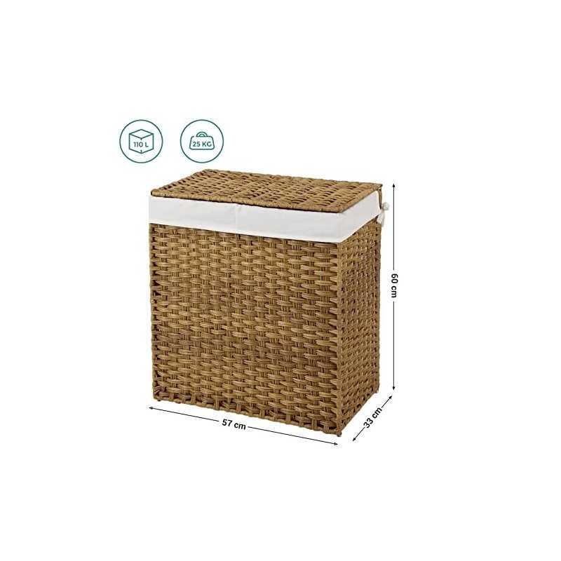 Coș de rufe țesut manual, coș de haine împărțit din rattan sintetic de 110 l cu capac și mânere, geantă pliabilă, detașabilă, natural LCB52NL