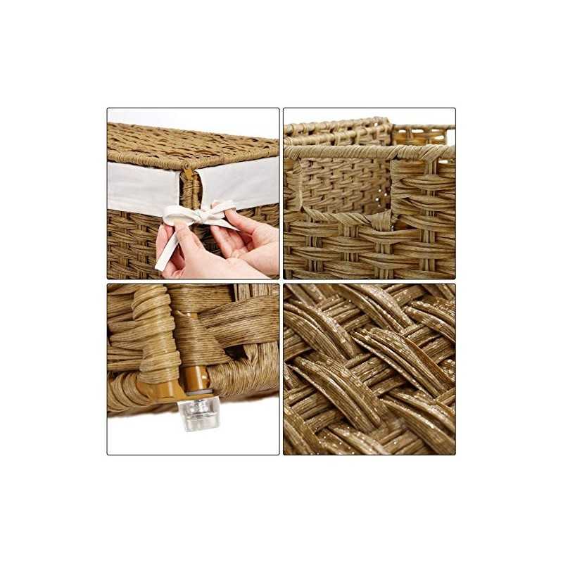 Coș de rufe țesut manual, coș de haine împărțit din rattan sintetic de 110 l cu capac și mânere, geantă pliabilă, detașabilă, natural LCB52NL