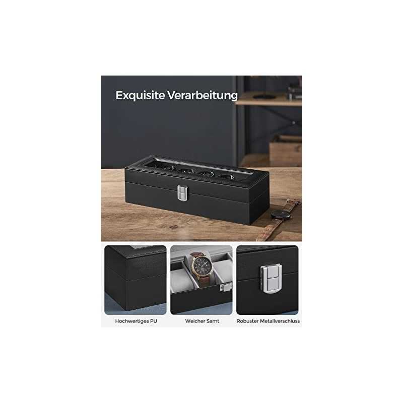 Cutie ceas cu 6 sloturi, husa ceas cu capac din sticla, perne din catifea pentru ceas, suport pentru ceas cu inchizator, 11,2 x 30 x 8 cm, idee cadou, piele sintetica neagra, captuseala gri JWB06BK