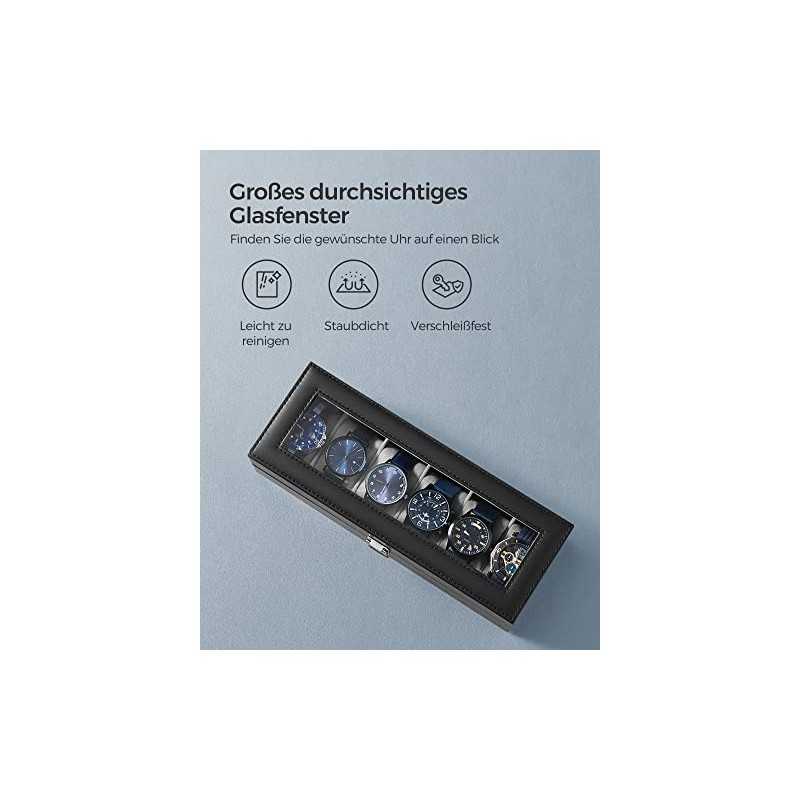 Cutie ceas cu 6 sloturi, husa ceas cu capac din sticla, perne din catifea pentru ceas, suport pentru ceas cu inchizator, 11,2 x 30 x 8 cm, idee cadou, piele sintetica neagra, captuseala gri JWB06BK