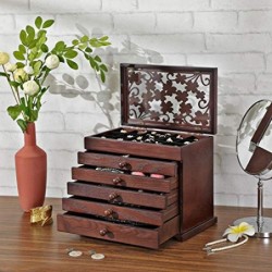 Cutie de bijuterii din lemn cu sculptură florală, organizator de bijuterii cu 6 niveluri cu 5 sertare detașabile, cadou pentru cei dragi, maro închis JBC56W