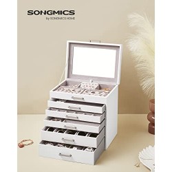 Cutie de bijuterii, organizator de bijuterii, cutie mare de bijuterii, cu 6 straturi și 5 sertare, alb JBC138