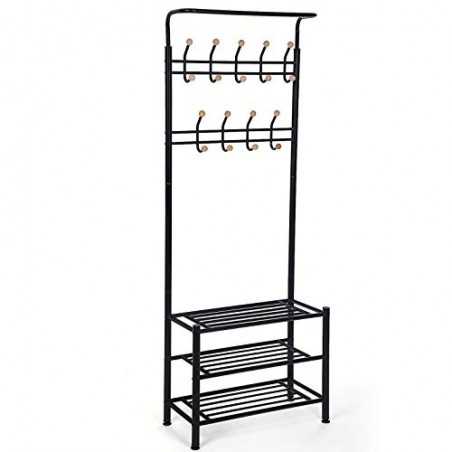 Stand de haină cu 3 rafturi de pantofi cu 18 cârliguri Tube Diametrul 32 mm, Metal, negru, 68,8 x 35,2 x 187 cm