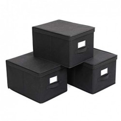 Set de 3 cutii de depozitare pliante cu capace, cuburi din țesut cu suporturi de etichete, organisator de cutii de depozitare, 40 x 30 x 25 cm, negru RFB03H