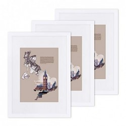 Set de cadre foto de 3, A3 (29,7 x 42 cm) fără mată, A4 (21 x 29,7 cm) cu mată, față de sticlă, casă și birou, cadre foto MDF albe RPF03WT