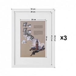 Set de cadre foto de 3, A3 (29,7 x 42 cm) fără mată, A4 (21 x 29,7 cm) cu mată, față de sticlă, casă și birou, cadre foto MDF albe RPF03WT