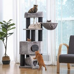 Arbore pentru pisici, turn mare pentru pisici cu biban pufos de pluș, apartament pentru pisici cu șezlong și peșteră de îmbrățișare, stâlpi foarte groși complet învelite în sisal negru, stabil, confortabil, gri deschis PCT02W