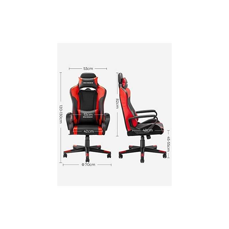 RCG011B01 Scaun de gaming, Scaun de calculator, Scaun de birou, Tetiera detașabilă, Pernă lombară, Reglabil pe înălțime, Funcție basculant, Sarcină maximă 150 kg, Ergonomic, Negru/Roșu