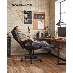 Scaun gaming Scaun de birou cu suport pentru picioare, scaun de birou cu tetiera si perna lombara, reglabil pe inaltime, ergonomic, unghi de inclinare 90-135°, sarcina 150 kg negru + albastru