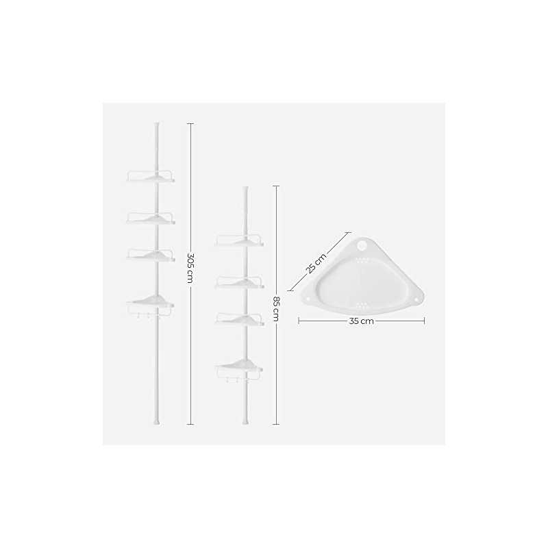 Raft de colț pentru baie reglabil, suport de duș telescopic, 85-305 cm, podea până în tavan, cu 4 tăvi, 3 cârlige, alb BCB001A