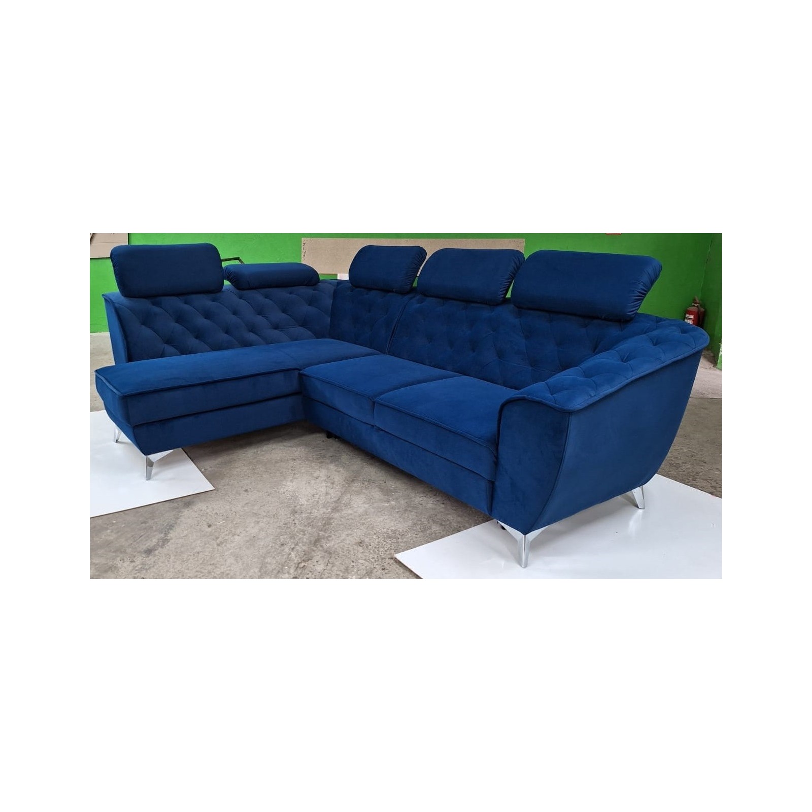 coltar modern de lux, extensibil cu lada, tip chesterfild, King Luise, albastru, stofa