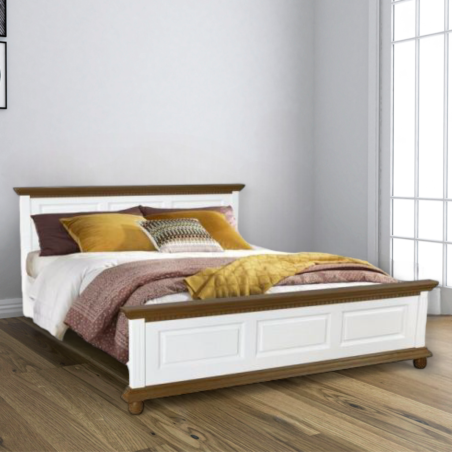 Pat Bucov lemn masiv, 180x200 cm, alb cu nuc, pat matrimonial din lemn masiv
