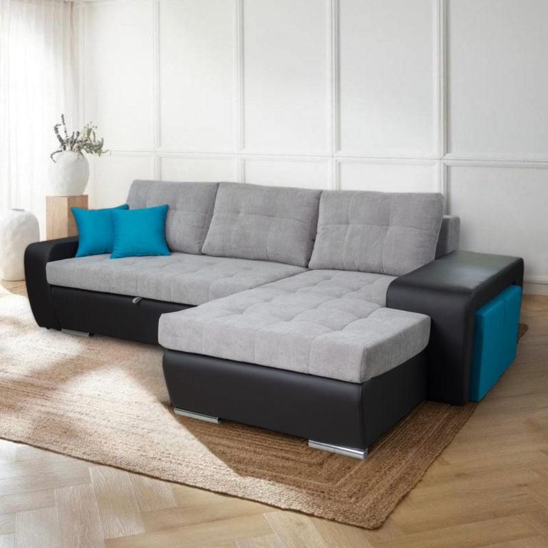 MARA - Coltar extensibil pentru living cu 2 tabureti inclusi in bratul lateral,colt stanga, gri