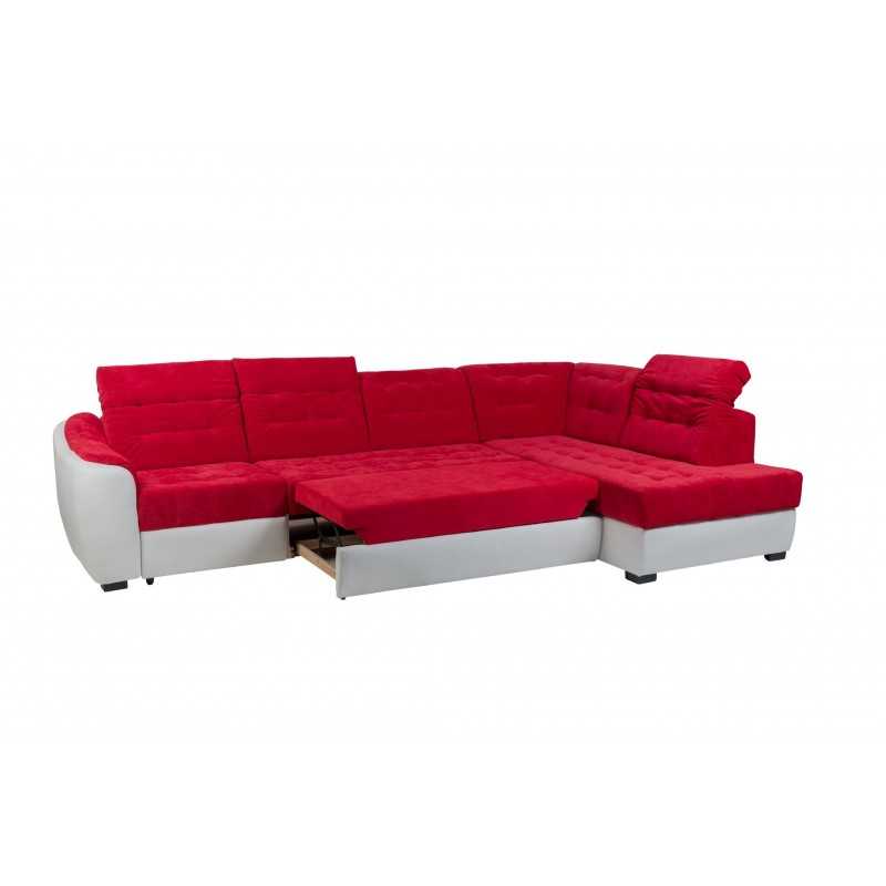 coltar modern cu tetiere cap, extensibil cu lada, Antonio, stofa, coltar rosu in forma de L