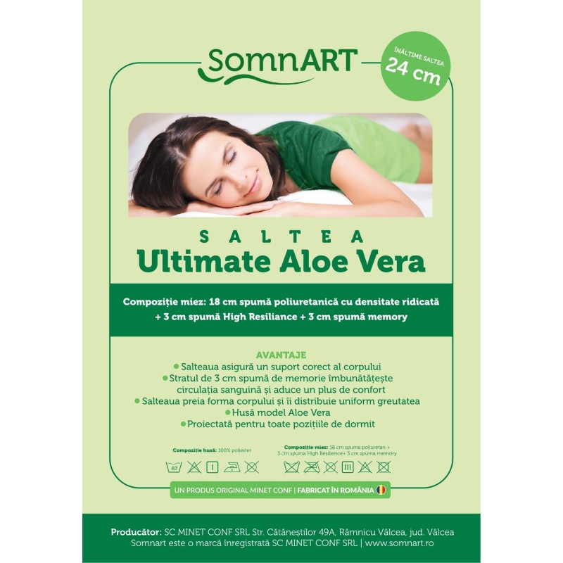 Saltea cu memorie Somnart Memory Ultimate 90x200, înălțime 24 cm, husă cu Aloe Vera, cu mânere, fermitate mare