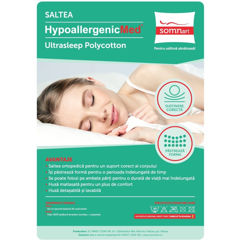 Saltea cu spumă poliuretanică HypoallergenicMed PolyCotton 180x200, hipoalergenică, husă lavabilă și detașabilă cu fermoar, ferm