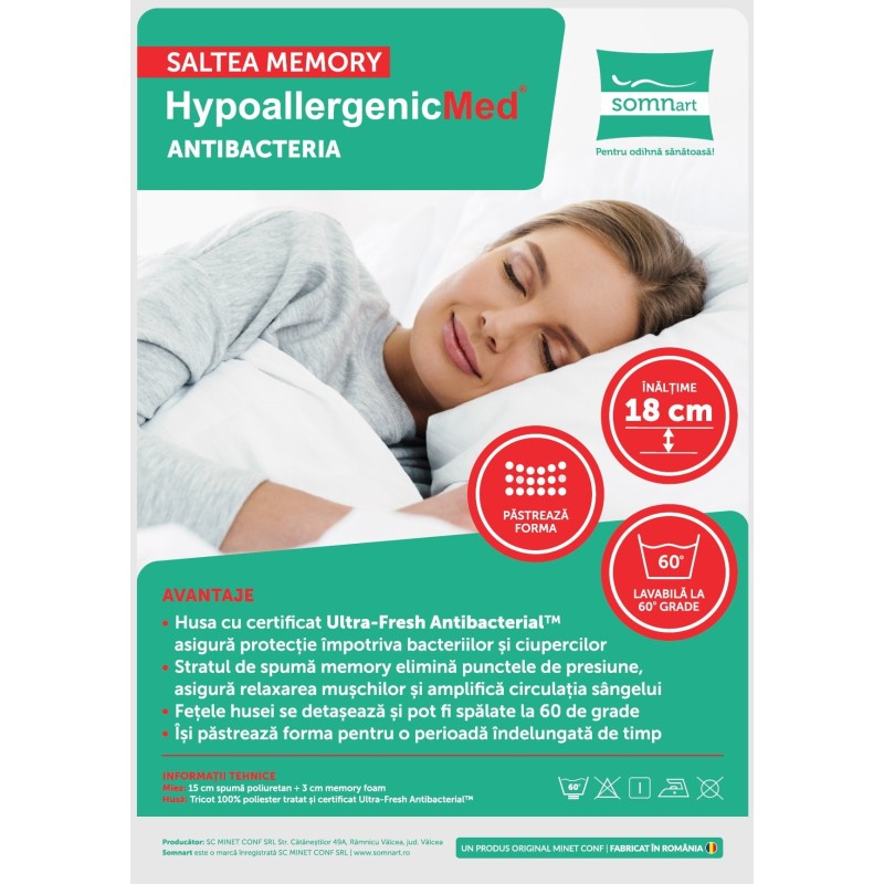 Saltea cu memorie Somnart Memory HypoallergenicMed Antibacteria 180x200, înălțime 18 cm, antibacterii, husă 3D detașabilă, fermi