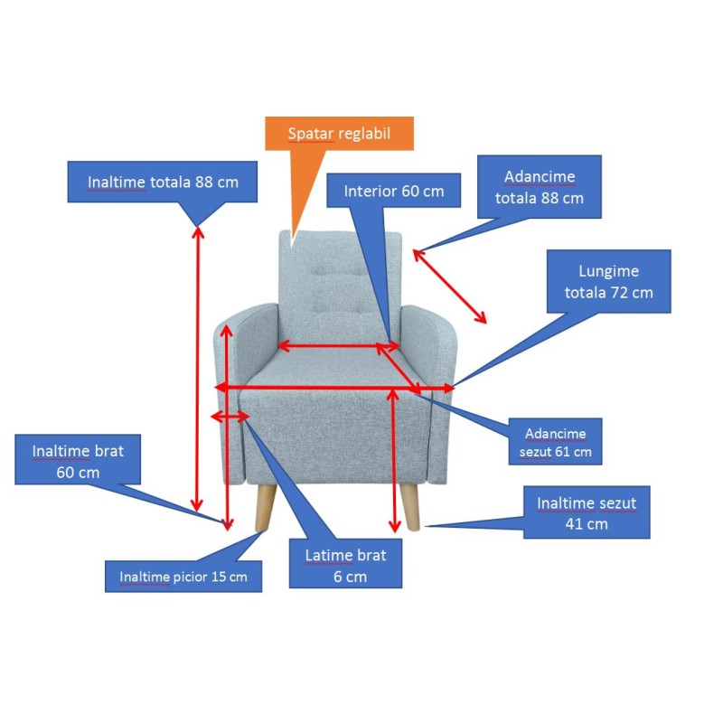 Fotoliu mic cu picioare inalte si spatar reglabil ALESIA