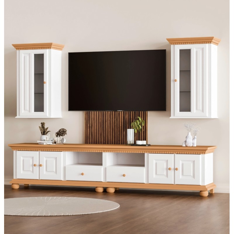 Set mobila living lemn masiv, finisaj alb cu natur