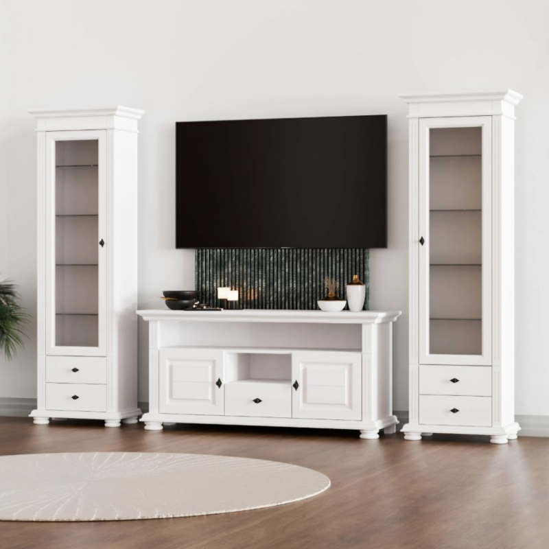 Mobilier living MARA 9, lemn masiv alb – vitrine & comodă TV