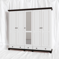 Dulap lemn masiv cu 5 usi si 3 sertare, alb cu nuc