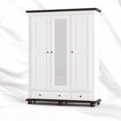 Dulap dormitor din lemn masiv, alb cu nuc, 3 usi, 2 sertare,cu oglinda, Seva