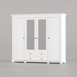 Dulap Lemn Masiv Mara – 4 Uși cu Oglindă și 2 Sertare | Mobilier Clasic Alb