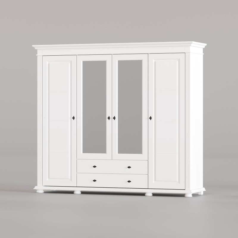 Dulap Lemn Masiv Mara – 4 Uși cu Oglindă și 2 Sertare | Mobilier Clasic Alb