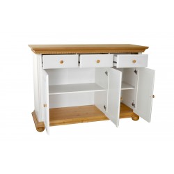 Comoda Bucov lemn masiv, 3 sertare, 3 usi, alb cu natur, comoda dormitor, living si sufragerie