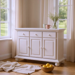 Comoda Bucov lemn masiv, 3 sertare, 3 usi, alb cu natur, comoda dormitor, living si sufragerie