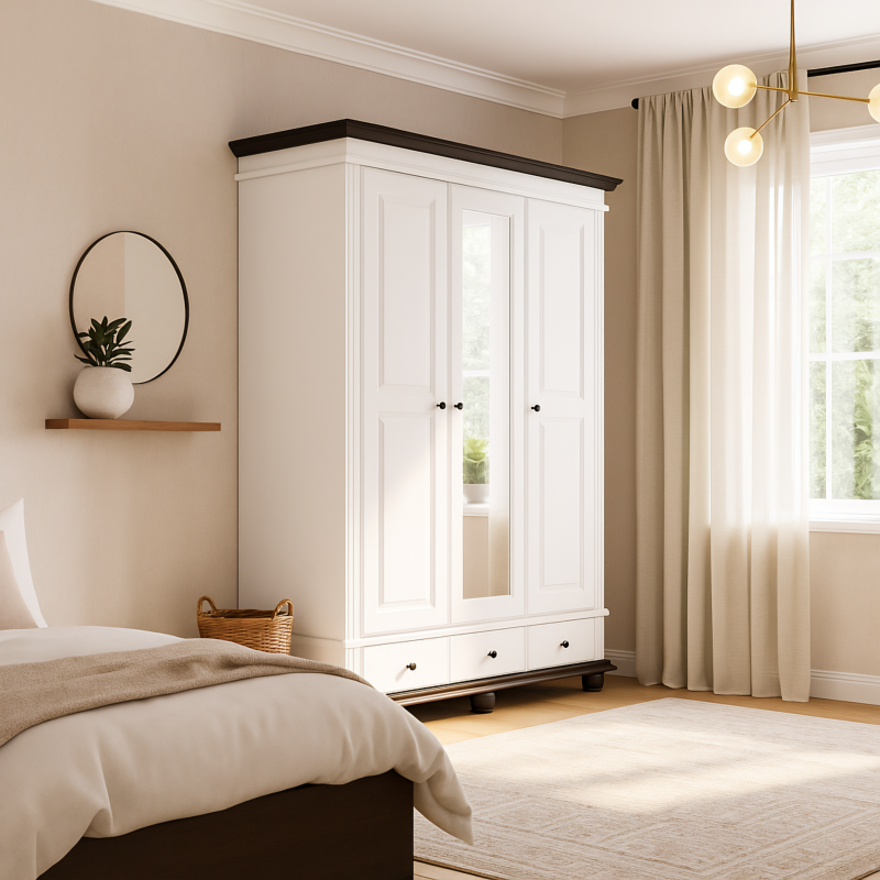 Dulap alb, lemn masiv, 3 usi/2 sertare, Seva- Sofastil.ro