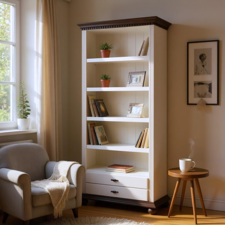 Biblioteca lemn masiv Bucov, Alb cu Nuc