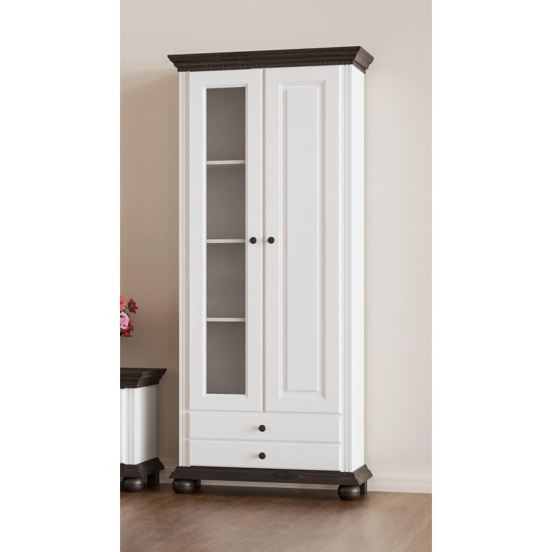 Vitrina  Romanita / Lemn Masiv / Alb cu Nuc