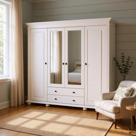 Dulap Lemn Masiv Mara – 4 Usi cu Oglinda si 2 Sertare | Mobilier Clasic Alb