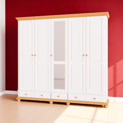 Dulap Bucov din Lemn Masiv, cu sertare si 5 usi, finisaj Alb cu Natur