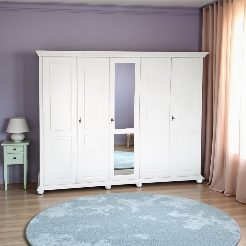 Dulap  Bucov lemn masiv cu 5 usi si oglinda, alb - Sofastil.ro