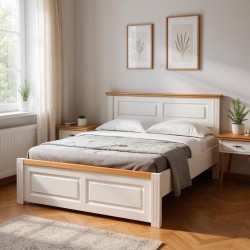 Pat 160x200 cm SEVA cu capat mic, lemn masiv,  finisaj Alb, alb cu nuc, alb cu natur