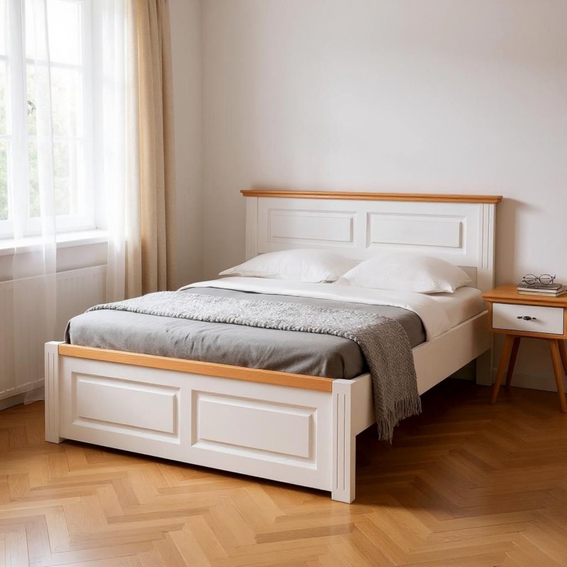Pat 180x200 cm lemn masiv,  SEVA capat mic,  finisaj Alb, alb cu nuc, alb cu natur