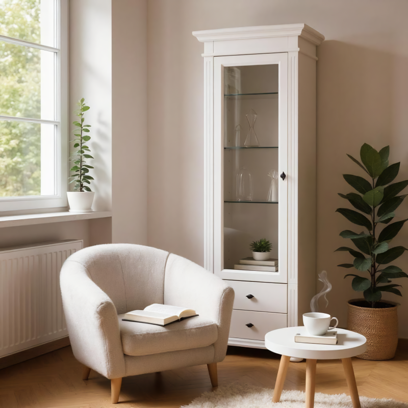 Mobilier living MARA 9, lemn masiv alb – vitrine & comodă TV