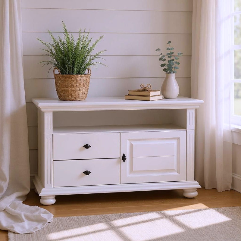 Mobilier living MARA 9, lemn masiv alb – vitrine & comodă TV