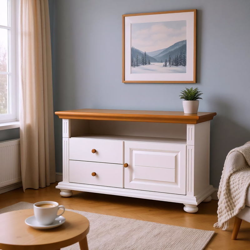 Mobilier living MARA 9, lemn masiv alb – vitrine & comodă TV