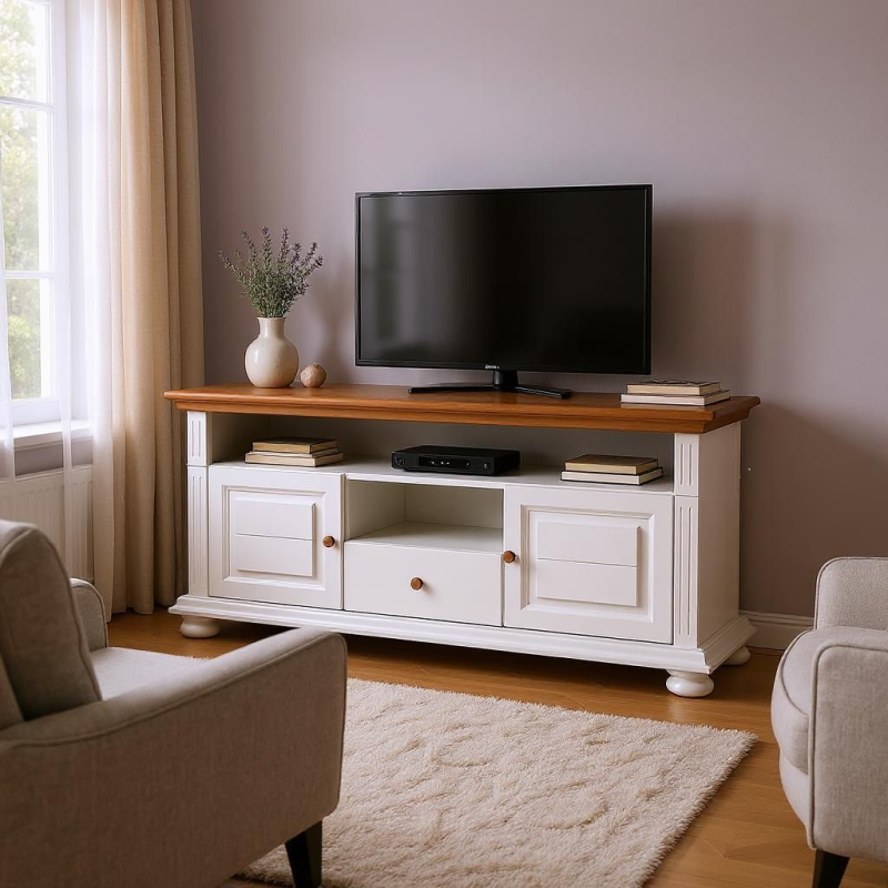 Set living lemn masiv alb MARA 10 – vitrine si comodă TV clasică
