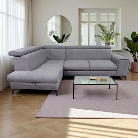 Coltar living cu design modern ARON, extensibil cu lada si tetiere cap reglabile, picioare inalte, modular, la comanda