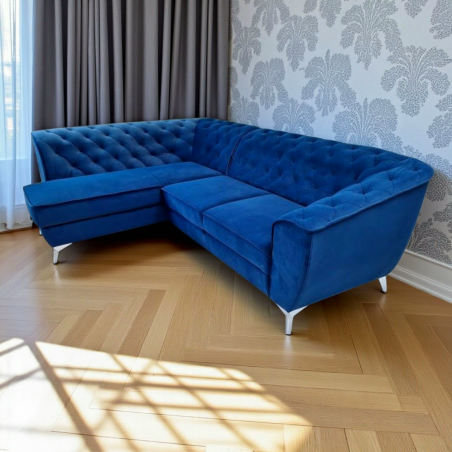 coltar modern de lux, extensibil cu lada, tip chesterfild, King Luise, albastru, stofa