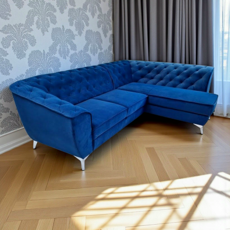 coltar modern de lux, extensibil cu lada, tip chesterfild, King Luise, albastru, stofa