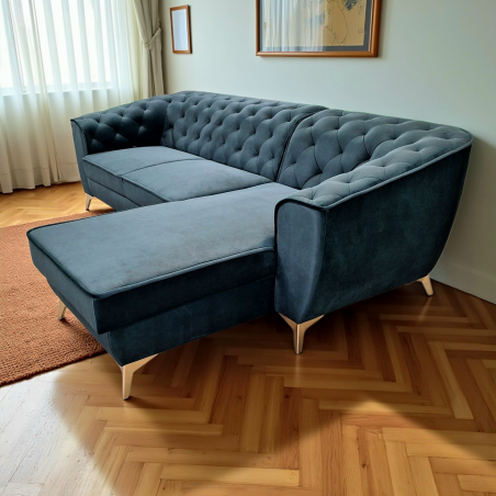 coltar tip chesterfild, extensibil cu lada, pentru living, cu picioare inalte, Luis 1, albastru
